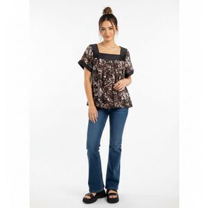 Apostrophe Brown Floral Blouse Flounce Sleeve Square Neck Relaxed Top Sz M
